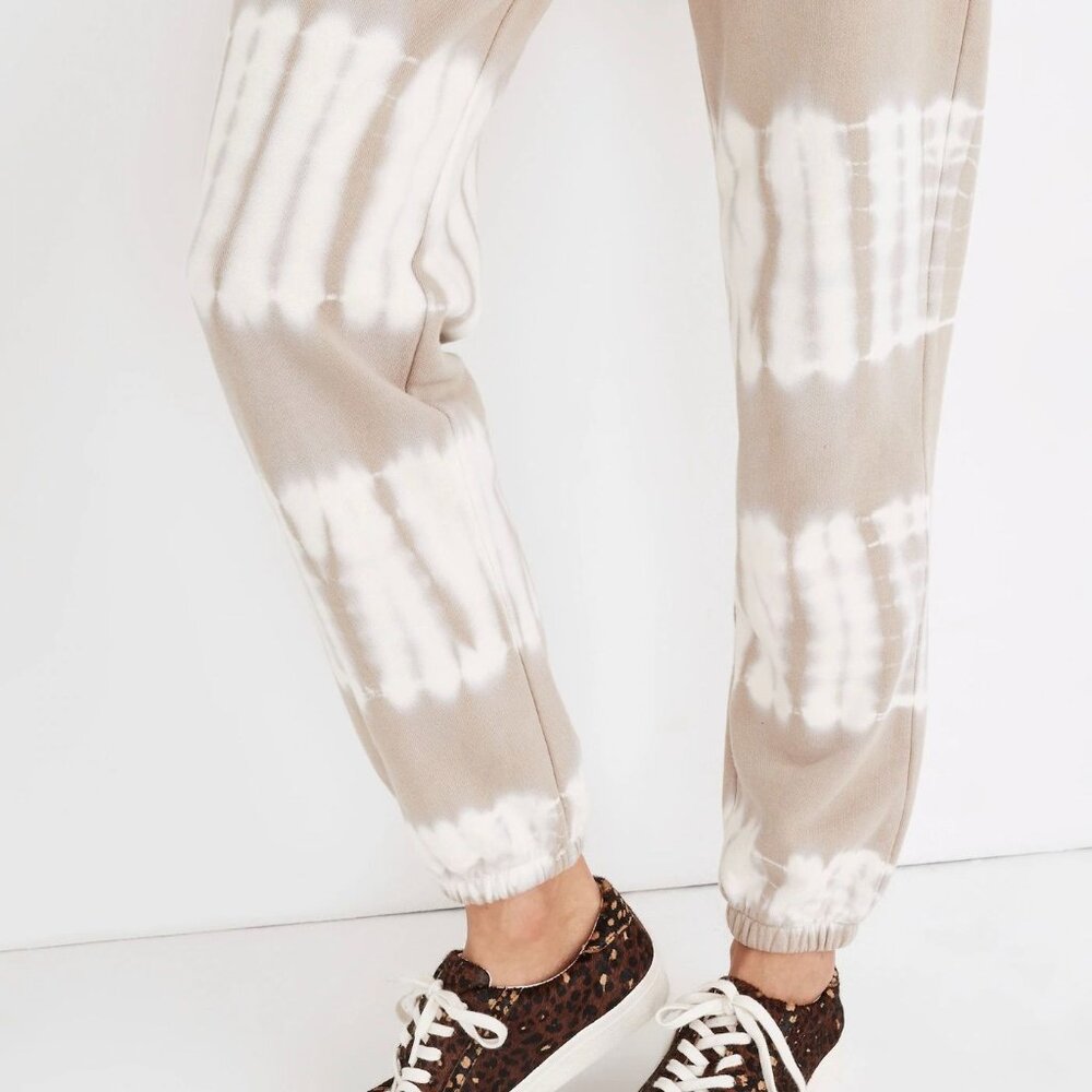 Beige & White Tie-Dye Joggers With Drawstring Waist Elastic Cuffs & Pockets - Picture 2 of 8
